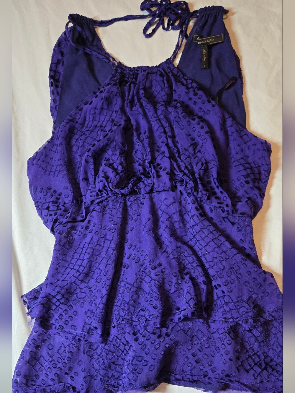 BCBG MaxAzaria Royal Blue Silk Halter  Ruffles Reptile Skin Print Tie Neck Small
